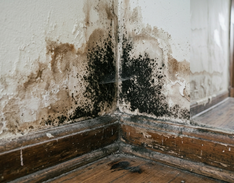 Black mould spreading across a damp plaster wall in the corner of an older Cape Town suburban home, showing moisture damage and discolouration