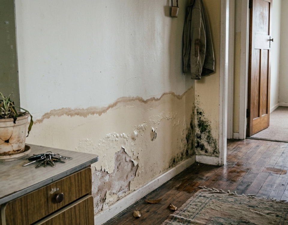 Rising damp tide mark and peeling paint on the lower wall of a modestly furnished Cape Town rental property