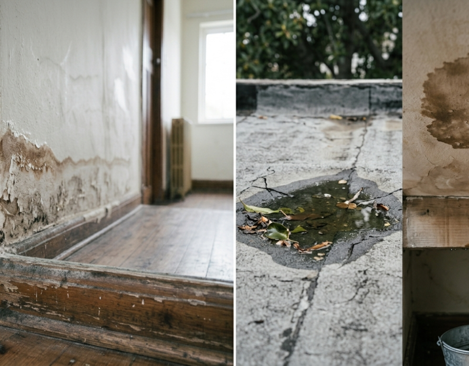 Side by side comparison showing rising damp on an interior wall and water ingress through a flat roof, illustrating the difference between damp-proofing and waterproofing problems in Cape Town homes