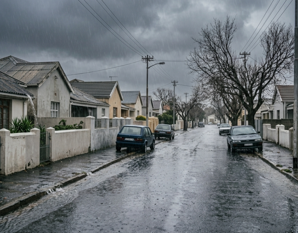 Row of older plastered suburban homes in Cape Town's Northern Suburbs on a dark rainy winter day, with water running down exterior walls