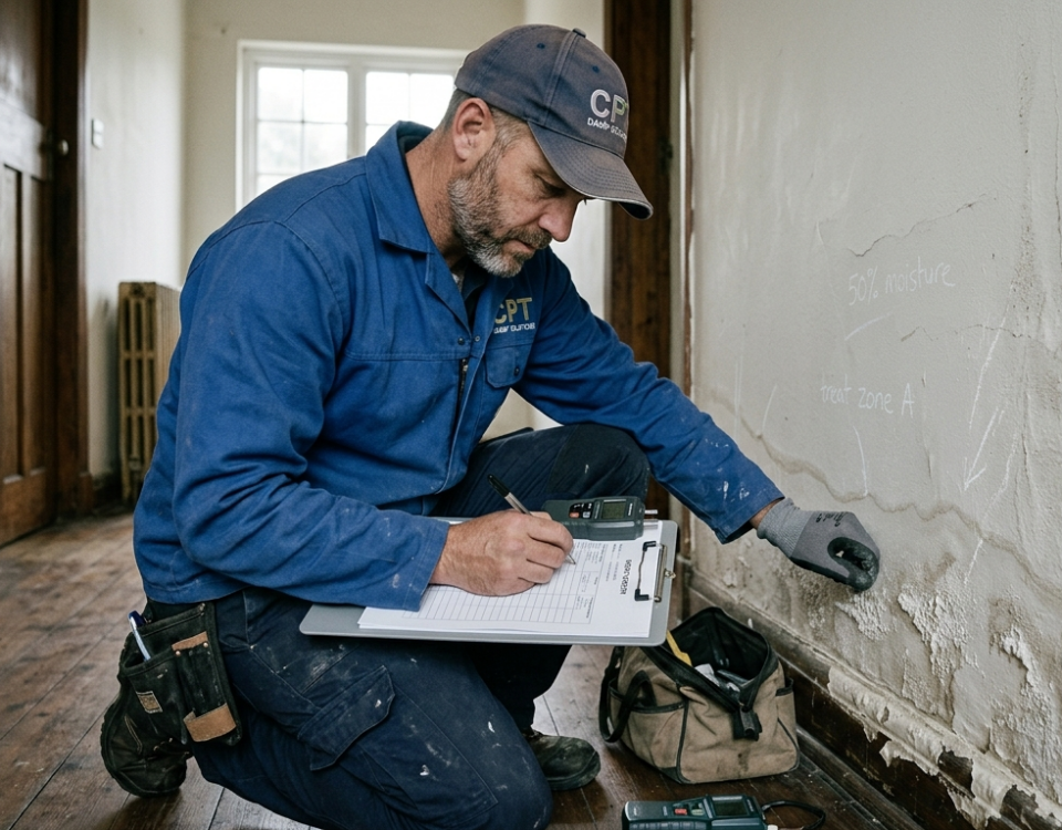 Tradesperson assessing a damp-affected wall in an older Cape Town suburban home during a professional damp-proofing quote visit