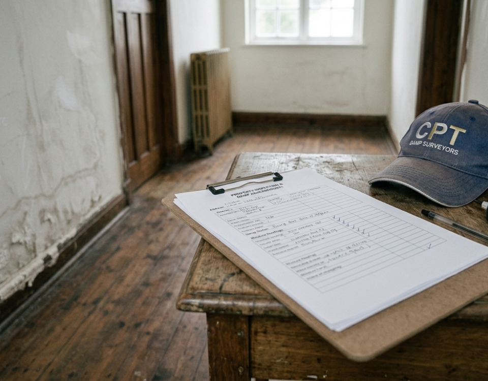Clipboard with property inspection report and moisture meter on a table during a professional damp assessment visit in a Cape Town home