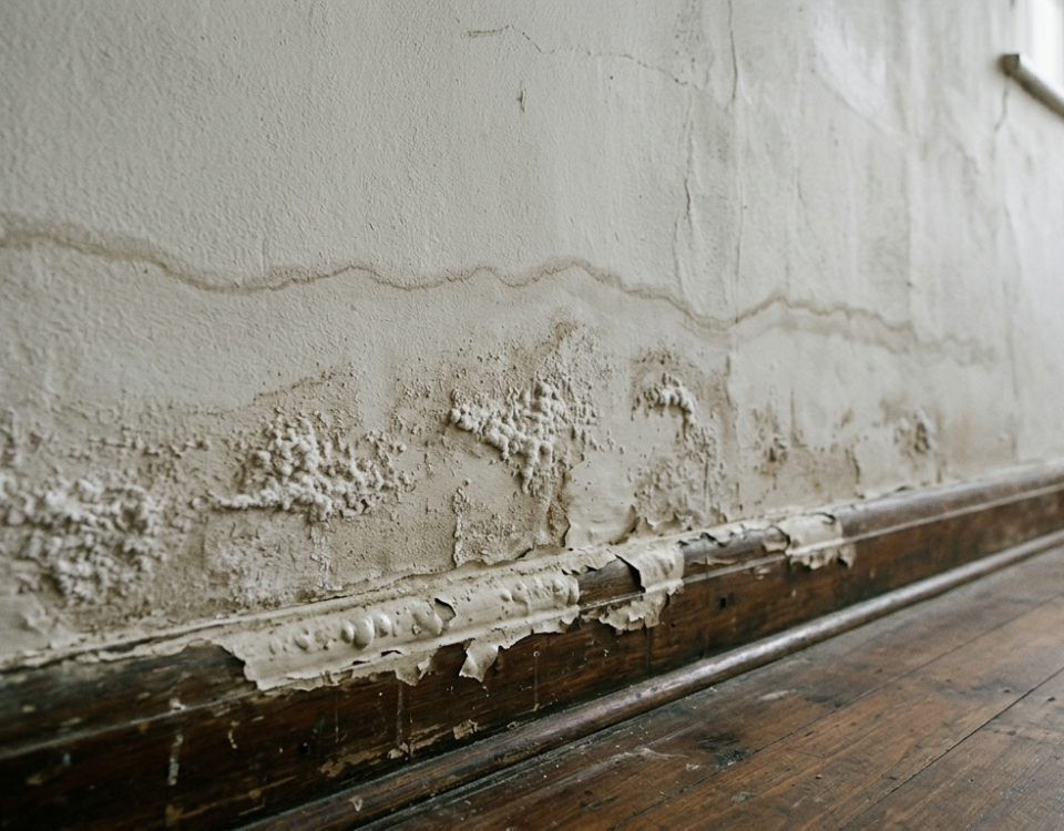 Close-up of rising damp on the lower interior wall of an older Cape Town home, showing a horizontal tide mark, white salt deposits and bubbling paint near skirting board level