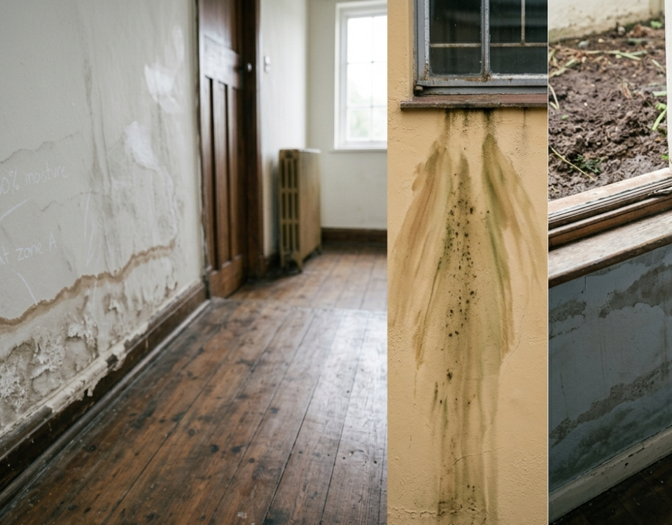 Three wall surfaces showing the visual differences between rising damp, penetrating damp and lateral damp in older Cape Town suburban homes